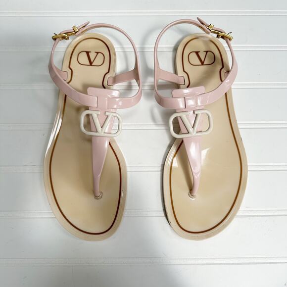 Valentino VLogo White & Pink PVC Rubber Jelly T-Strap Jelly Sandals Size 37 - Picture 10 of 13